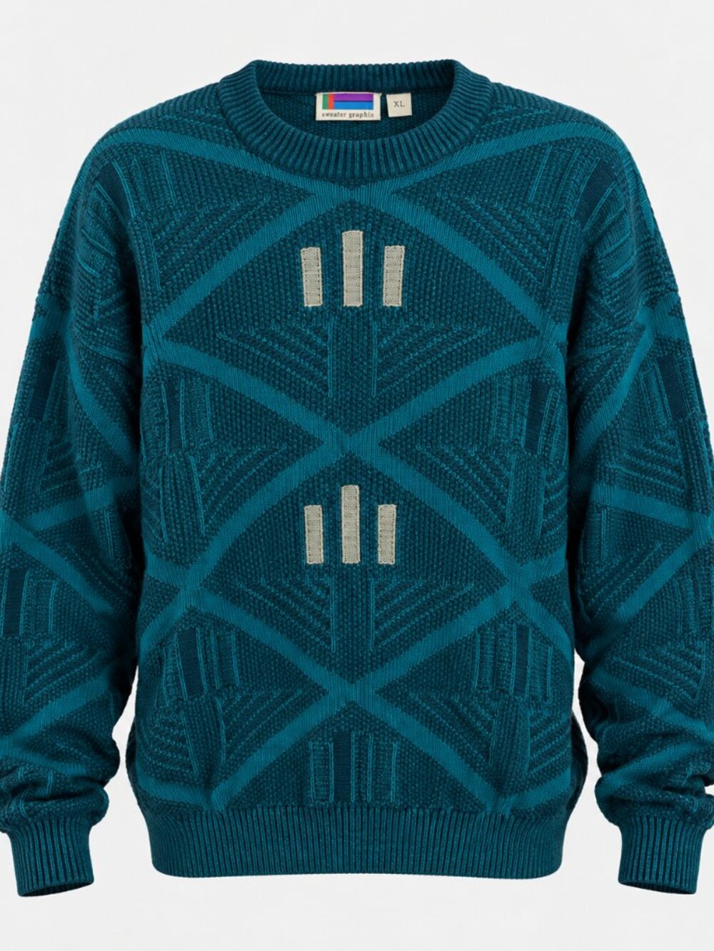 VTG 80s 90s Sweater Graphix XL Teal Geometric Chunky Knit Grandpa Sweater Cosby